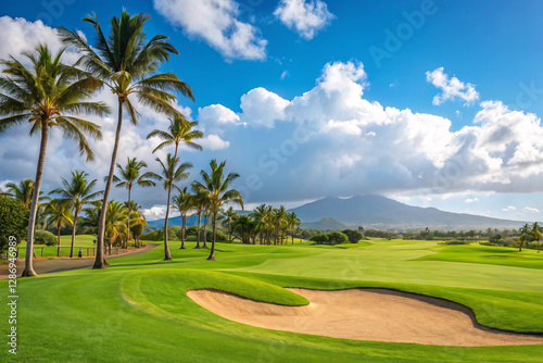 A scenic landscape featuring a lush green golf course with sand bunkers scattered across the fairway and a tall trees photo