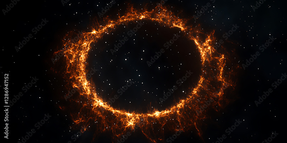 A blazing orange ring of cosmic energy surrounds a starfield void in deep space. A blazing orange ring of cosmic energy surrounds a starfield void in deep space.