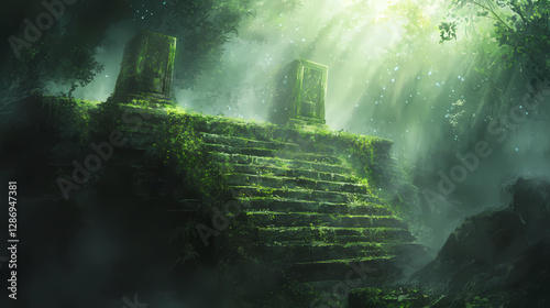 Ancient stone platform emerging from misty rainforest rays of sunlight filtering through dense canopy mosscovered ruins with bioluminescent details. Bioluminescent Jungle Temple. Illustration photo