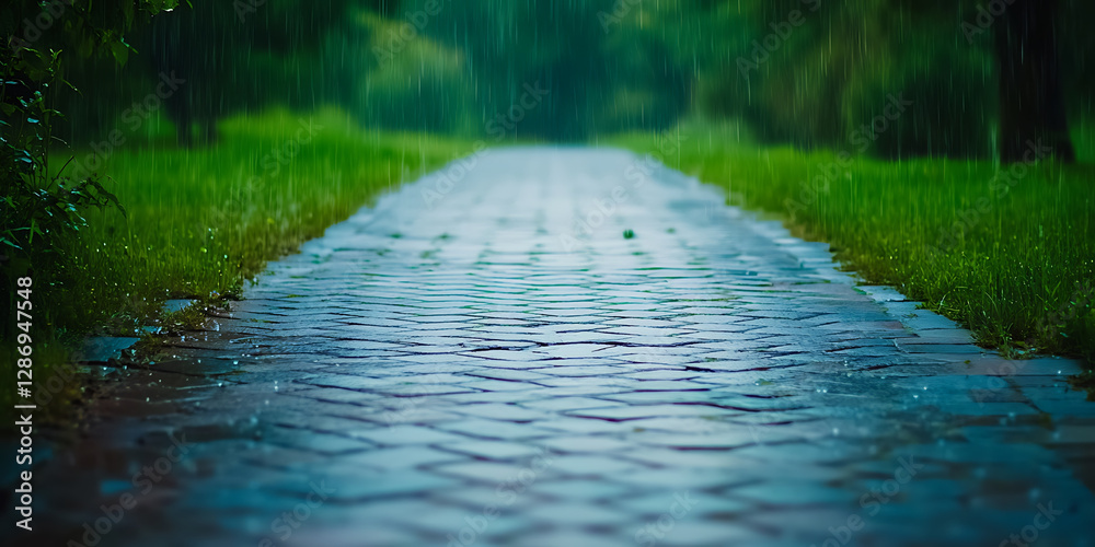 Fototapeta premium Rain falls on a cobblestone path lined with bright green grass and trees in a serene outdoor setting.