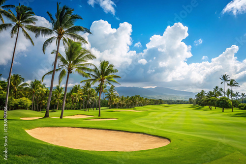 A scenic landscape featuring a lush green golf course with sand bunkers scattered across the fairway and a tall trees