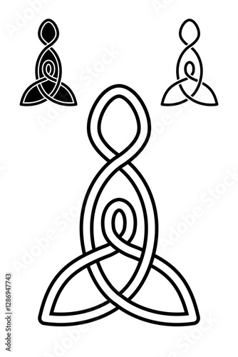 Celtic Motherhood Knot set icon. Sacred Mystical Mother symbol, Celtic Style Interlaced sign. Triquetra logo, black tattoo, vector illustration Line Art isolated on white background.