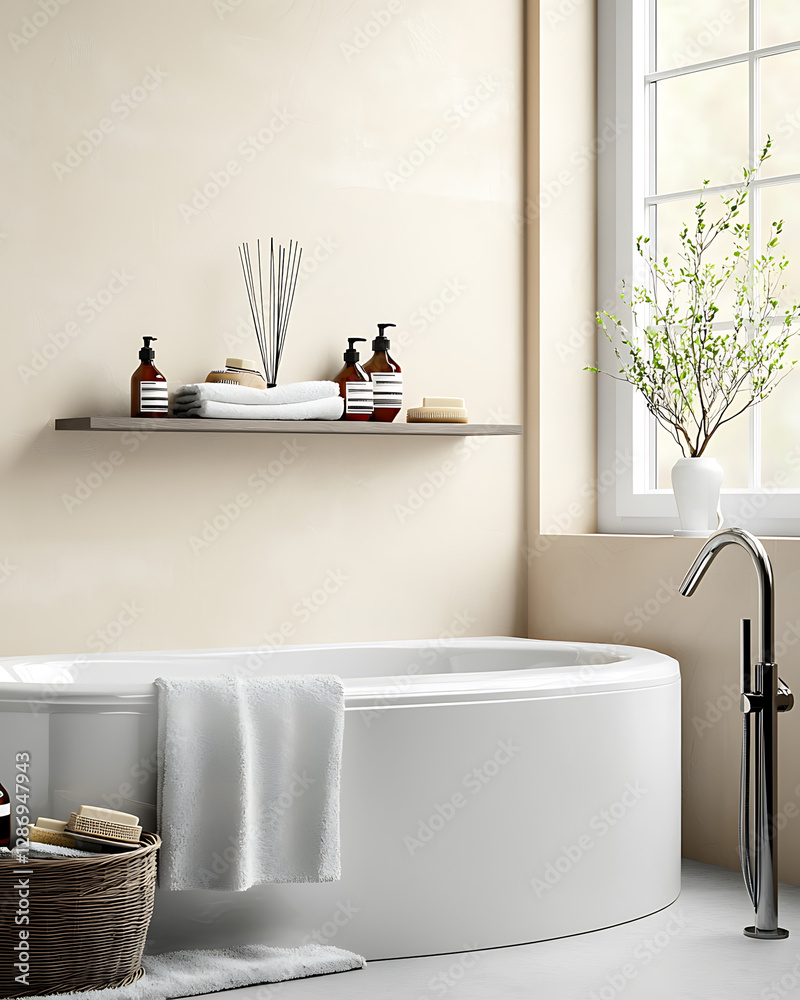 Fototapeta premium Modern bathroom with a round tub neutral tones wooden shelf and spring blossoms by a window.