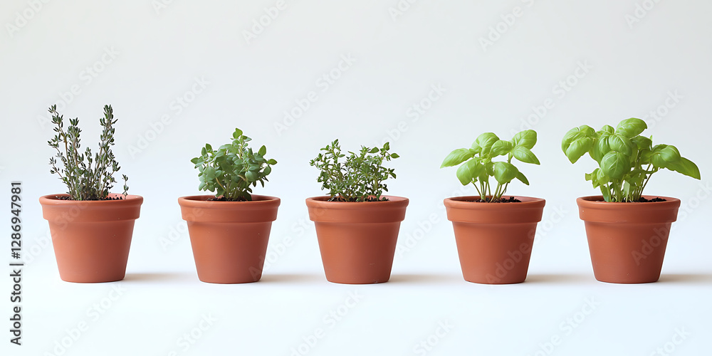 Five small potted herbs line up against a clean white background featuring thyme and basil varieties. Five small potted herbs line up against a clean white background featuring thyme and basil varieties.