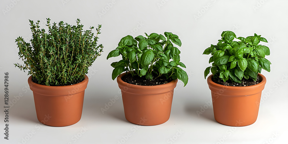 Fototapeta premium Three potted herbs thyme and basil sit in terracotta pots against a plain white background showcasing their fresh greenery.