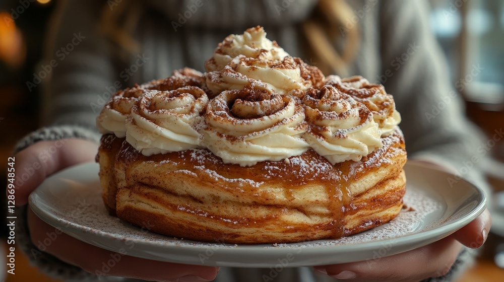 A person is holding a mouthwatering cinnamon roll that has been prepared and topped with creamy white cream. A person is holding a mouthwatering cinnamon roll that has been prepared and topped with creamy white cream.