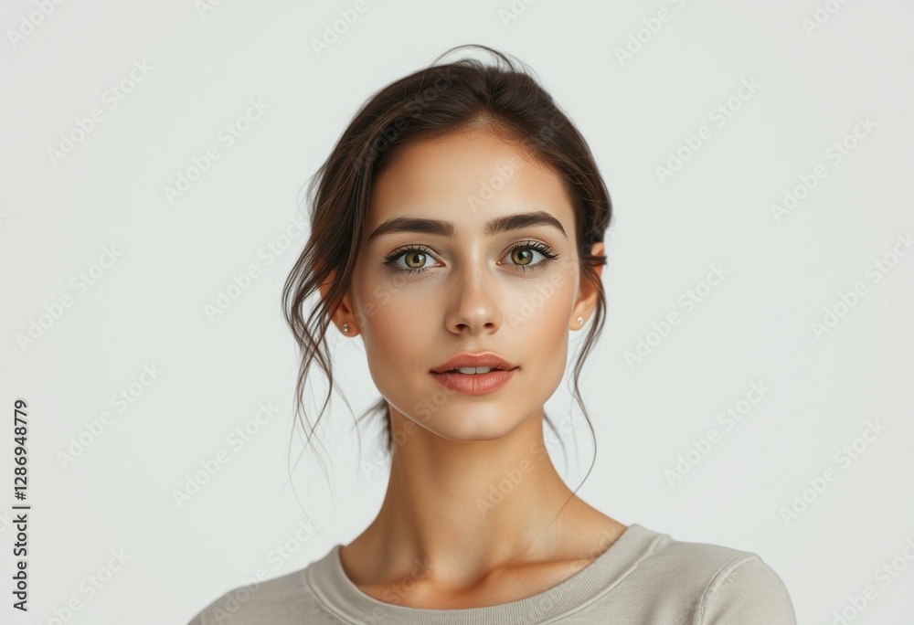 Photorealistic portrait of a female with neutral makeup and simple clothing Photorealistic portrait of a female with neutral makeup and simple clothing