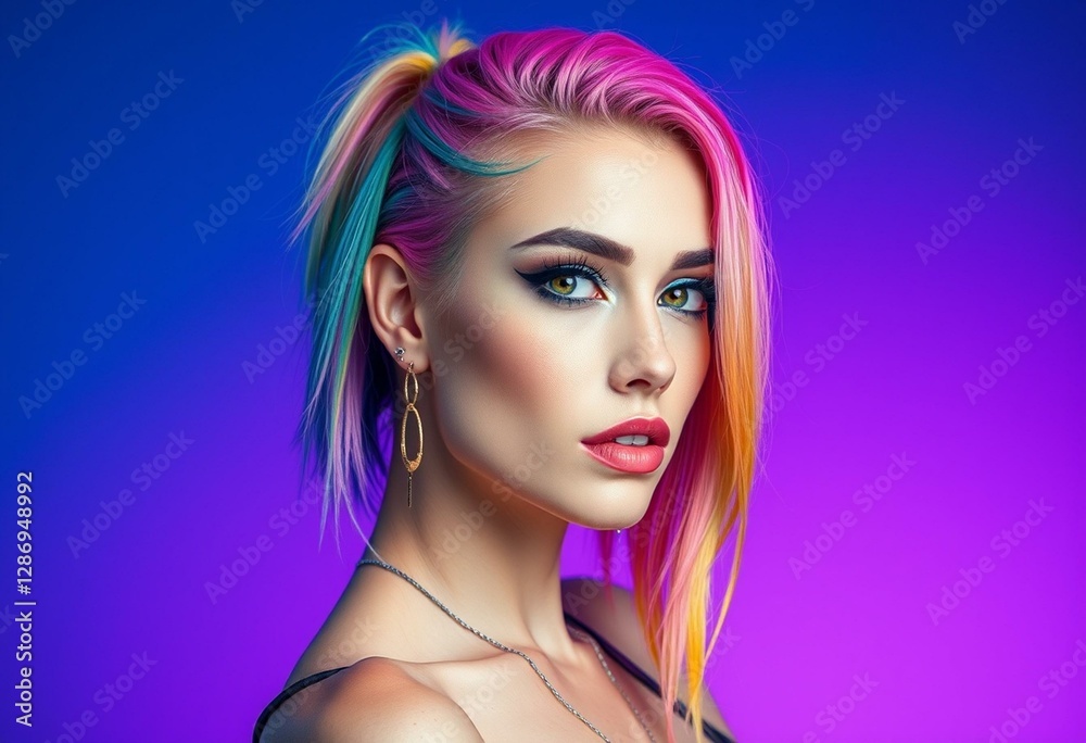 Vibrant rainbow-dyed hair, edgy makeup, and multiple piercings Vibrant rainbow-dyed hair, edgy makeup, and multiple piercings