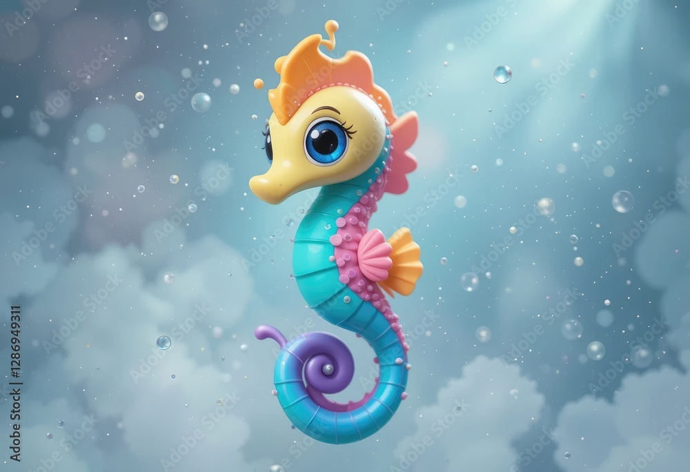 Fototapeta premium Adorable Cartoon Seahorse Illustration with Bubbles and Dreamy Underwater Background