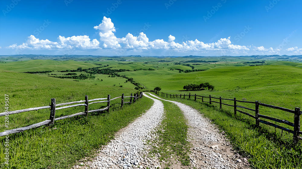 Gravel road descends into green valley, sunny day. Travel brochure use Gravel road descends into green valley, sunny day. Travel brochure use