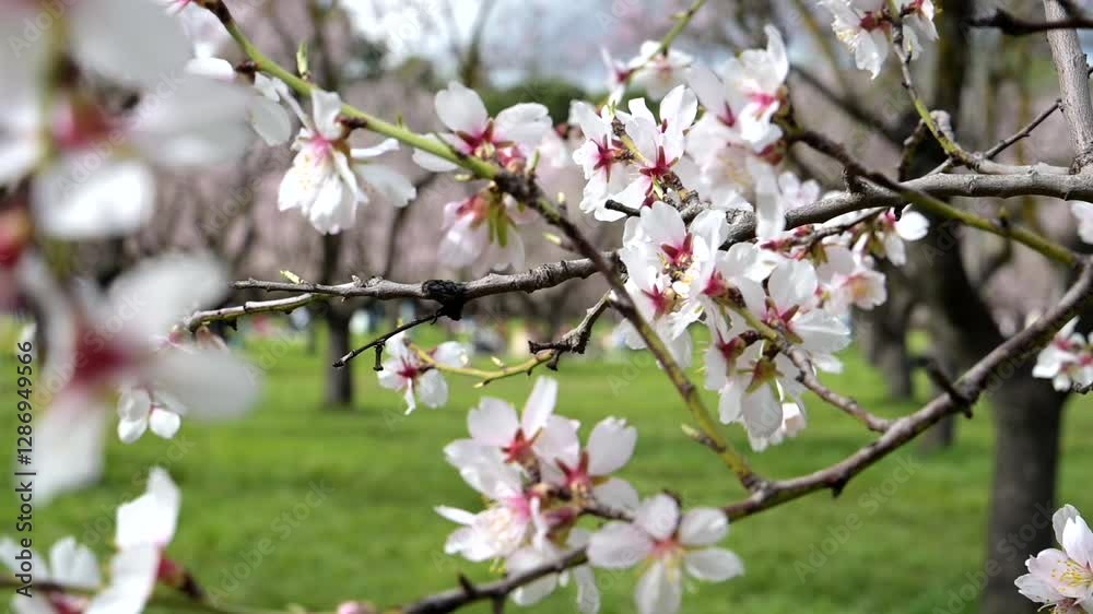 Early spring. The beginning of flowering of primroses and wild almond trees (Prunus dulcis). Flower buds opened, the first pink flower Early spring. The beginning of flowering of primroses and wild almond trees (Prunus dulcis). Flower buds opened, the first pink flower