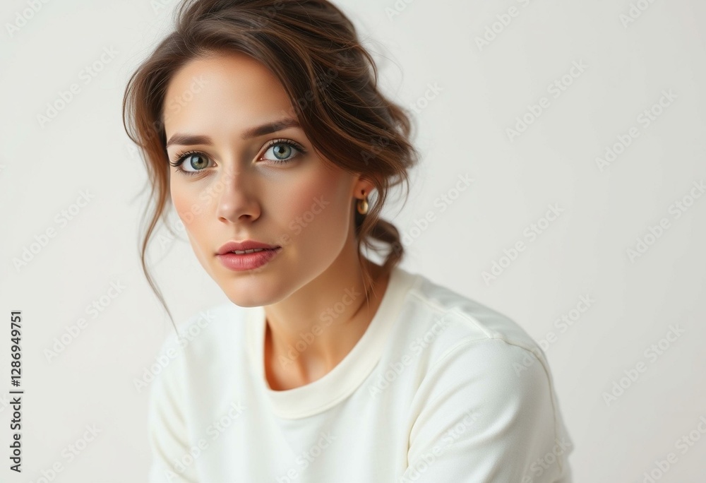 Photorealistic portrait of a 30-year-old female with neutral makeup and simple clothing Photorealistic portrait of a 30-year-old female with neutral makeup and simple clothing