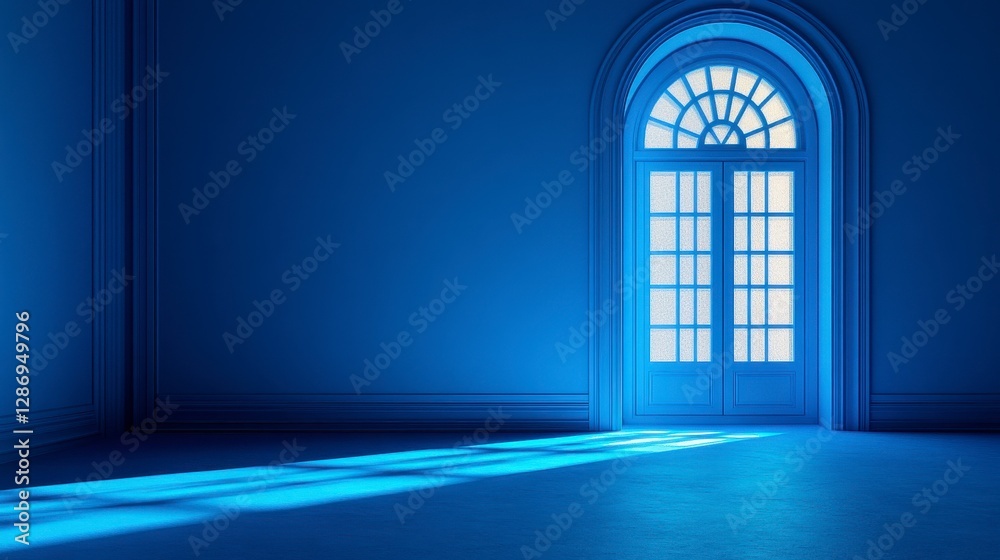 Interior of a blue room with a large arched doorway Interior of a blue room with a large arched doorway