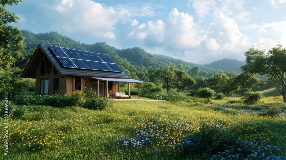 Fototapeta premium eco-friendly living, a charming wooden house with solar panels on a sloped roof and a lush garden depicts sustainable energy solutions