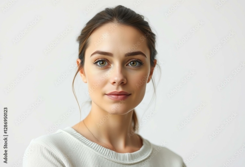 Portrait of a 30-year-old female with neutral makeup and simple clothing