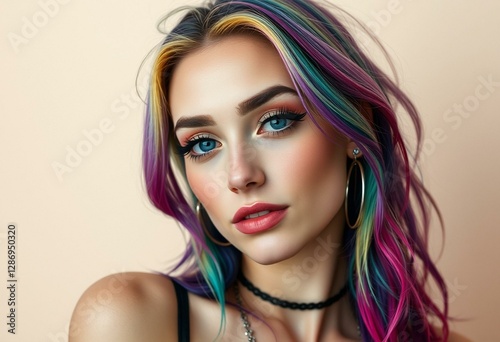 Vibrant rainbow-dyed hair portrait