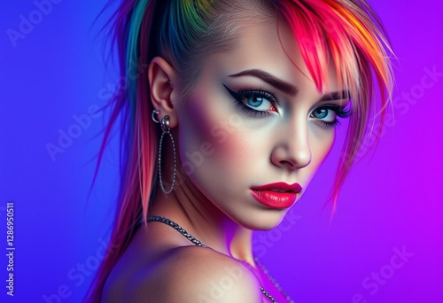 Vibrant female portrait with rainbow hair and edgy makeup