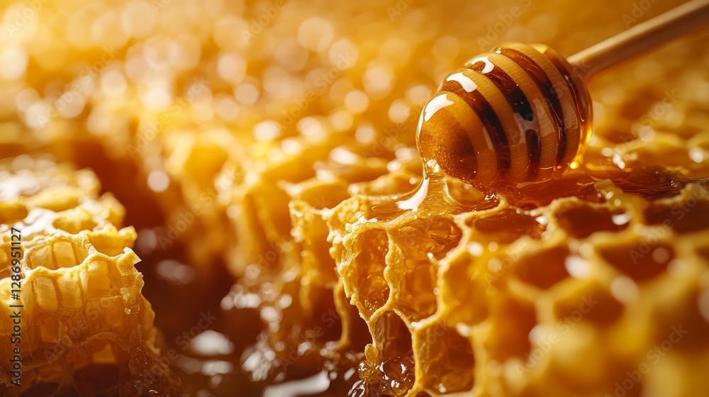 Close-up of honey flowing from a honeycomb. Flowing from cells is pure honey. wholesome food and diet Close-up of honey flowing from a honeycomb. Flowing from cells is pure honey. wholesome food and diet