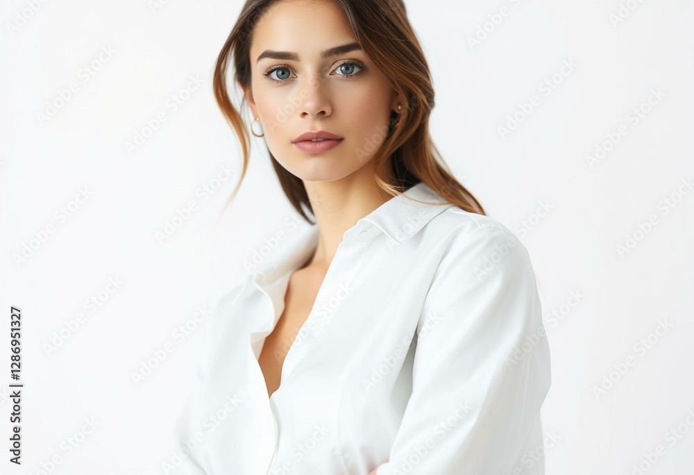 Woman with neutral makeup and simple clothing Woman with neutral makeup and simple clothing