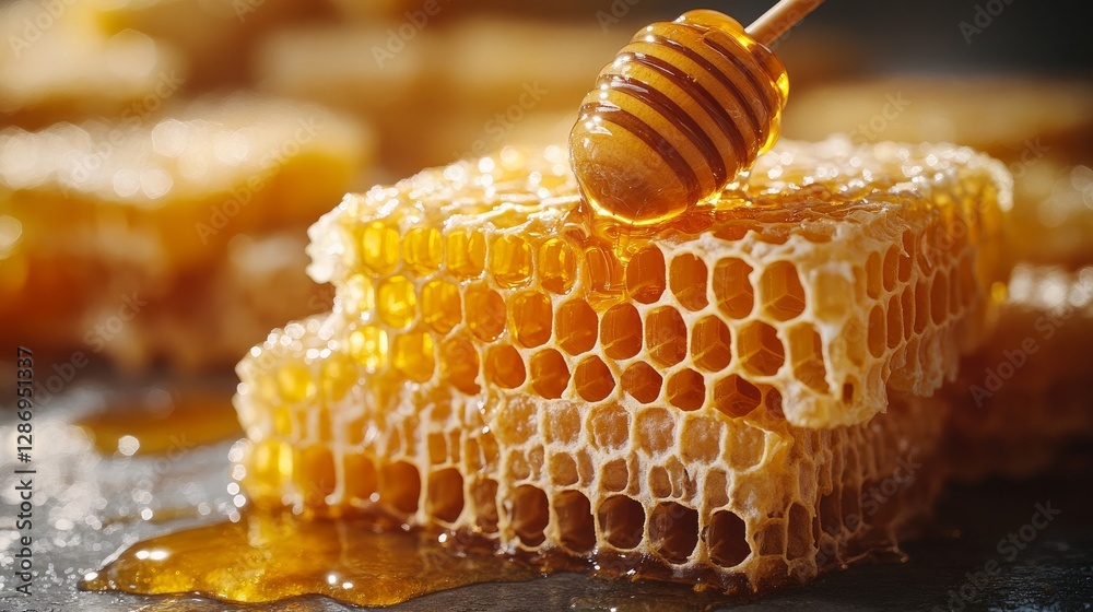 Close-up of honey flowing from a honeycomb. Flowing from cells is pure honey. wholesome food and diet Close-up of honey flowing from a honeycomb. Flowing from cells is pure honey. wholesome food and diet
