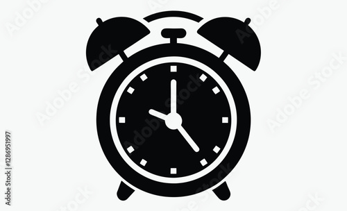 alarm clock silhouette, black and white vector icon, time management symbol, wake-up clock illustration, silhouette black and white alarm clock, classic retro clock design 