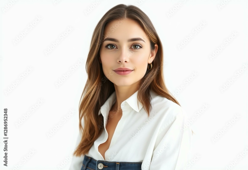 Photorealistic portrait of a woman with neutral makeup and simple clothing Photorealistic portrait of a woman with neutral makeup and simple clothing