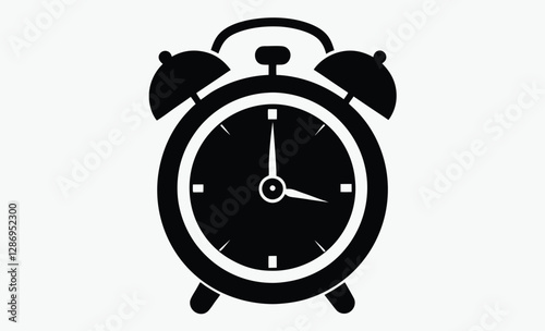 alarm clock silhouette, black and white vector icon, time management symbol, wake-up clock illustration, silhouette black and white alarm clock, classic retro clock design 