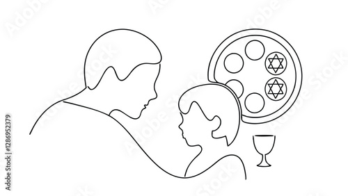 Line art depicts an adult and child at a Passover Seder. A Seder plate with matzah and a cup of wine are visible. It symbolizes family, tradition, and Jewish heritage.