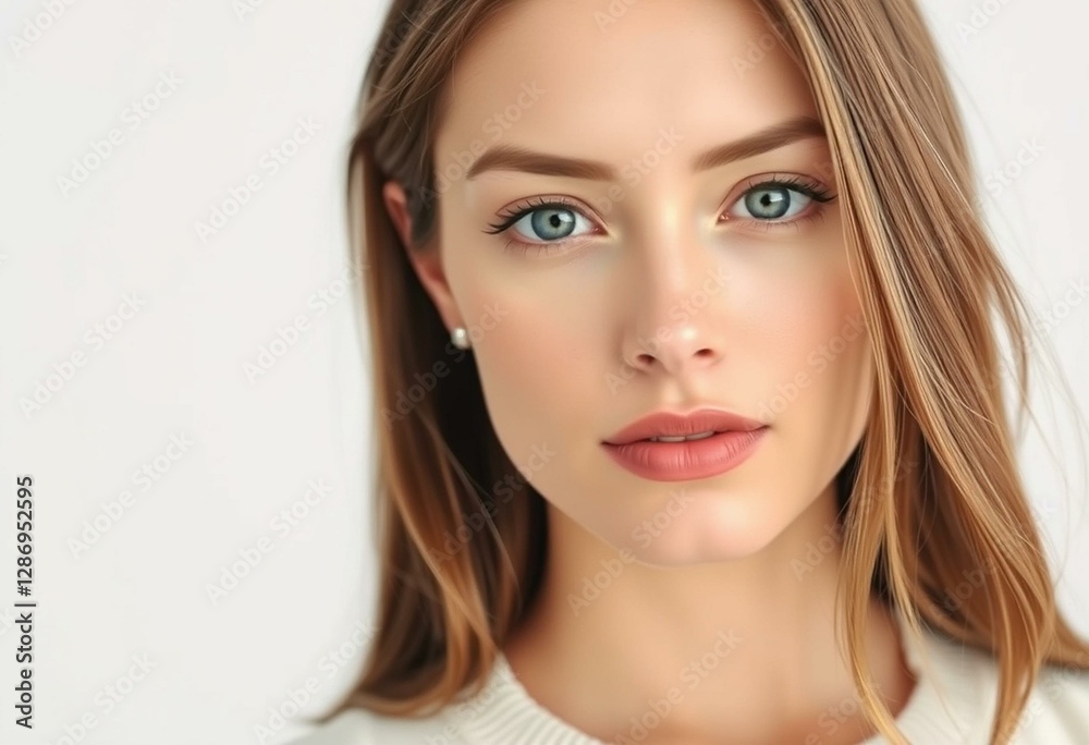 Photorealistic portrait of a female with neutral makeup and plain background Photorealistic portrait of a female with neutral makeup and plain background