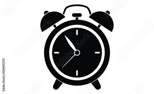 alarm clock silhouette, black and white vector icon, time management symbol, wake-up clock illustration, silhouette black and white alarm clock, classic retro clock design 