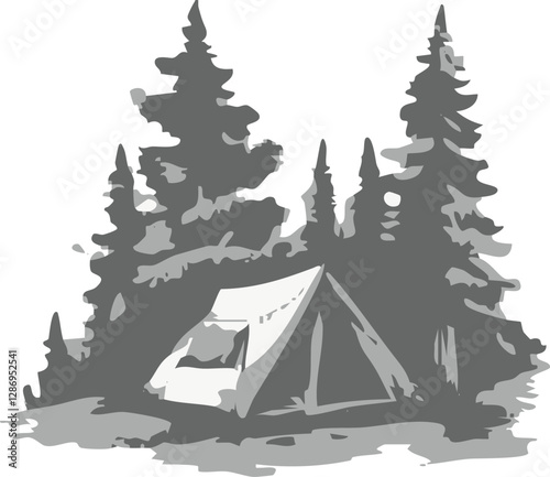 Illustration of a tent pitched in a dense pine forest, recreating the atmosphere of a peaceful camping in the wild.