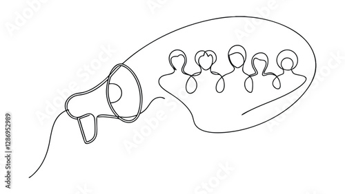 Oneline Drawing Megaphone Announcing to a Group of People