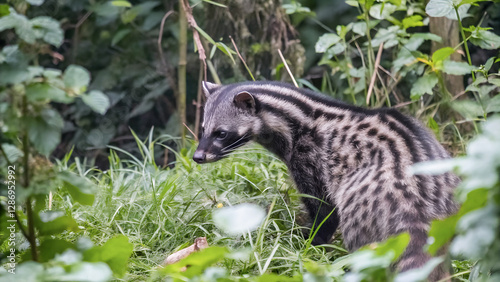 A Malabar civet, its distinctive stripes a camouflage against the lush undergrowth.Hidden amidst the vibrant foliage, a Malabar civet surveys its surroundings.