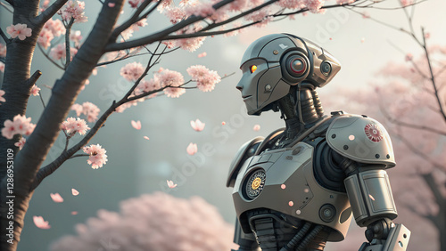 A metallic robot stands amidst a blossoming cherry tree, its gaze drawn to the delicate pink petals.The robot, a study in futuristic design, observes the ephemeral beauty of the cherry blossoms.

