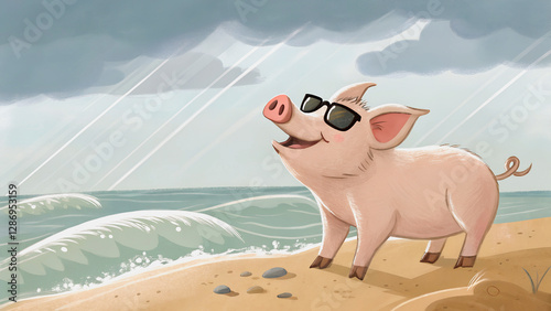 A pig in sunglasses enjoys a rainy beach day.Gentle waves lap at the shore as a pig basks in the light rain.Seascape scene with a pig in shades, enjoying the light rain on the beach.


