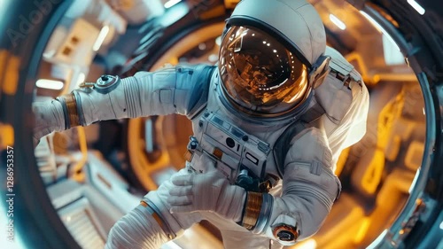 Astronaut exploring the interior of a spacecraft in low Earth orbit during a space mission