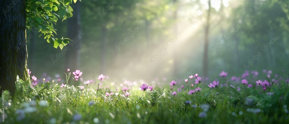 Obraz premium Sunlit forest meadow, pink flowers, misty background, nature serenity