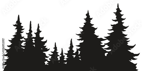 Pine trees silhouette against a white background