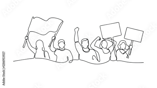 Continuous Line Art Protestors with Signs and Flags