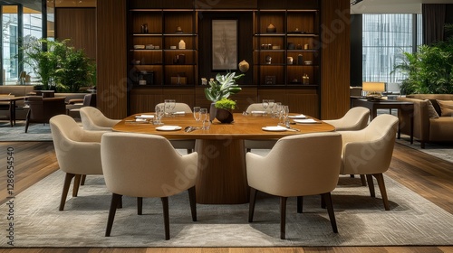 A Restaurant Dining Room Featuring a Modern Table Setting and Interior Design