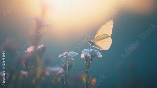 Minimal scene of a butterfly gently poised on a single flower, honoring women's day and earth day