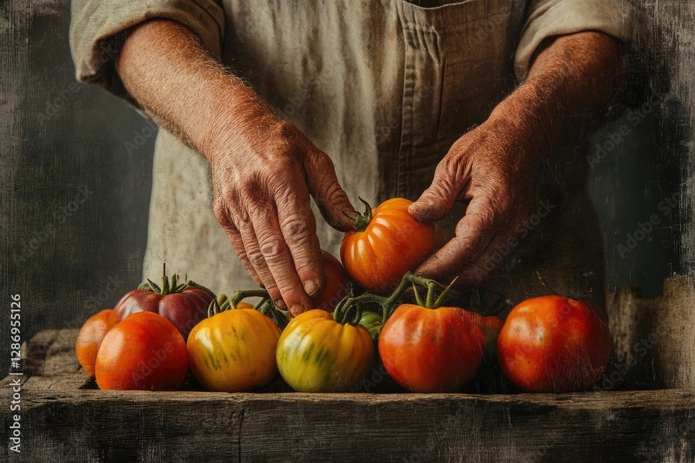 A farmer's weathered hands carefully arrange a vibrant harvest of heirloom tomatoes. A farmer's weathered hands carefully arrange a vibrant harvest of heirloom tomatoes.