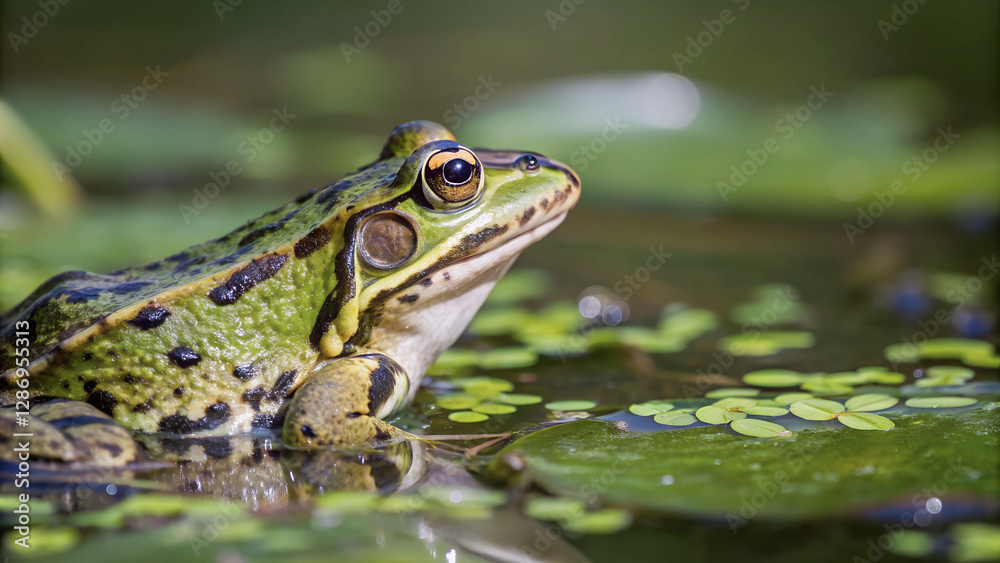 Fototapeta premium The frog's skin, a mosaic of greens and browns, blends seamlessly with the aquatic environment.A frog, perched on a lily pad, observes its surroundings in a tranquil pond.