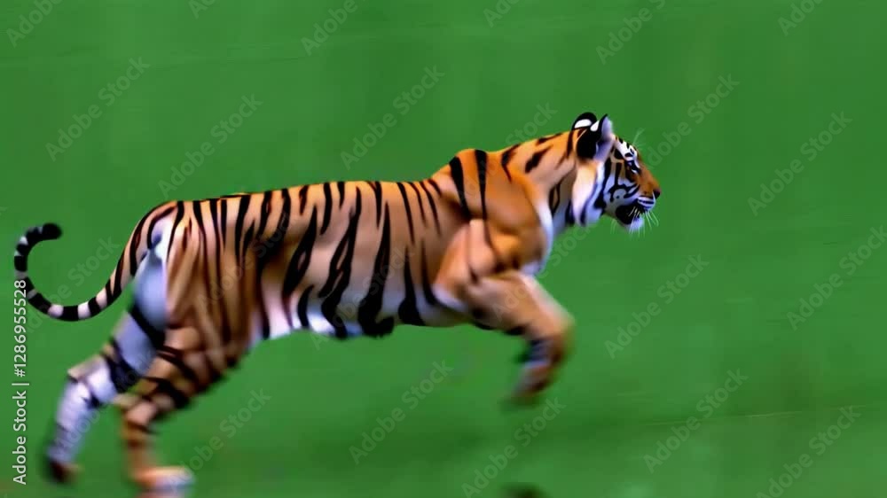 3D running loop animations of a realistic giant tiger with cycle side view on chroma key, 4k wild tiger run rendering on green screen background, a long tail, and orange fur with black and stripes.