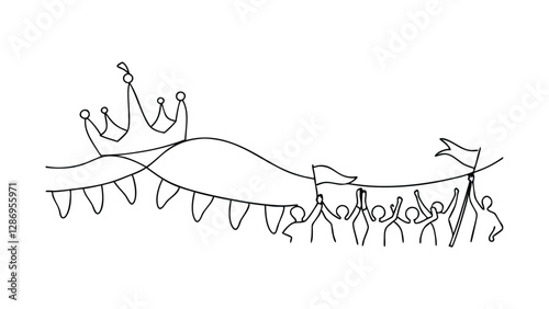 A singleline drawing depicts a celebratory parade. People carry a large crown and flags, symbolizing a royal procession or festive event. The minimalist style emphasizes unity and joy.