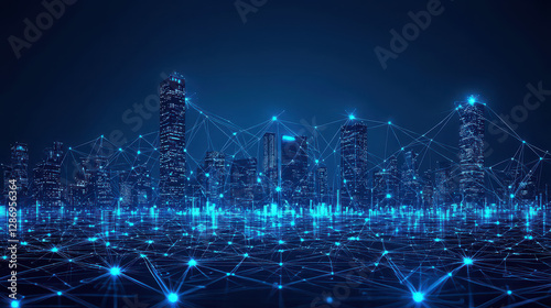 Futuristic city glows with quantum internet connections and urban skyscrapers in a neon-blue design