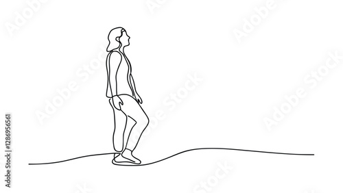 A minimalist line drawing depicts a woman in profile, standing, seemingly contemplative. The single continuous line style creates an elegant and simple Vector. 