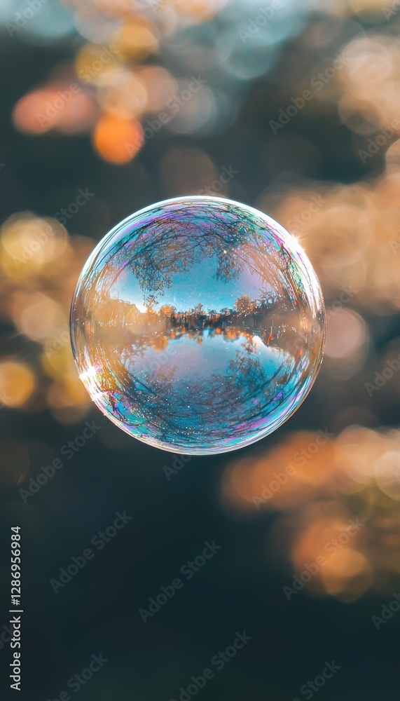 Iridescent Soap Bubble Floating in Sunlit Outdoor Setting Iridescent Soap Bubble Floating in Sunlit Outdoor Setting