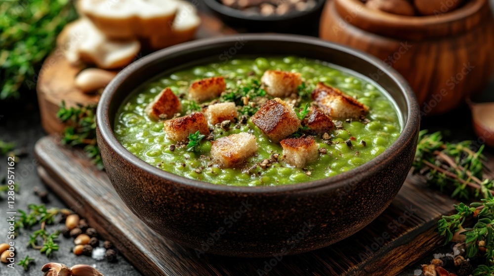 Hearty pea soup bowl, croutons, herbs, and spices on a dark background Hearty pea soup bowl, croutons, herbs, and spices on a dark background