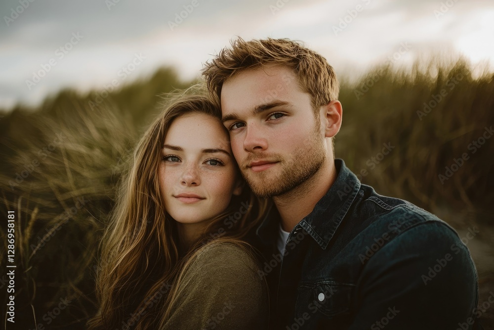 A young couple shares an intimate moment amidst tall grasses, their connection evident in their tender embrace. A young couple shares an intimate moment amidst tall grasses, their connection evident in their tender embrace.